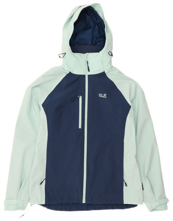 Jack Wolfskin Chaqueta impermeable con capucha para mujer UK 10/12 Medium Blue Colourblock