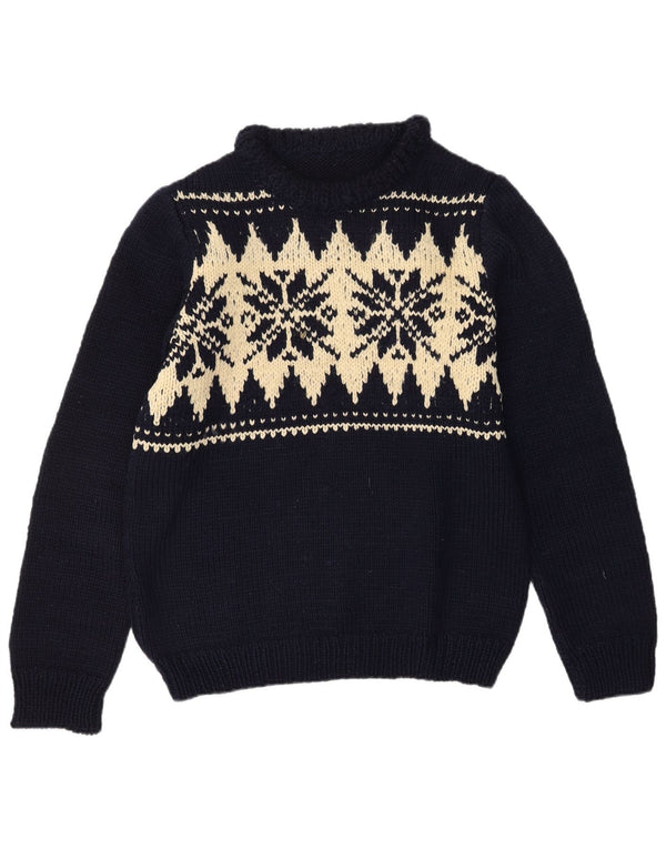 VINTAGE Mujer Crew Neck Jumper Suéter Reino Unido 16 Grande Azul Marino Fair Isle