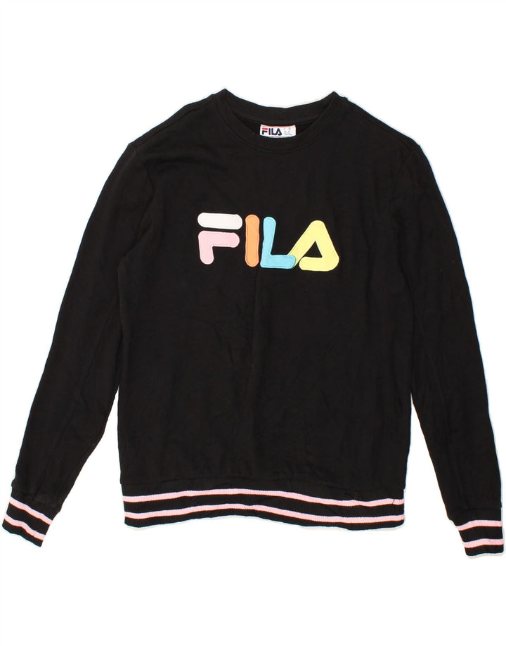 FILA Womens Oversized Graphic Sweatshirt Jumper UK 14 Medium Black Cotton Vintage Fila and Second-Hand Fila from Messina Hembry 