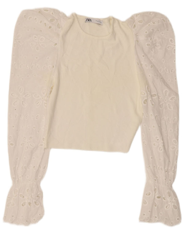 Zara Mujer Crop Top Manga Larga UK 8 Small Blanco Floral