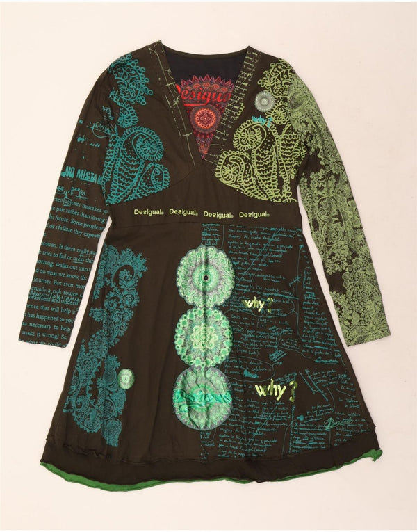 Desigual Vestido acampanado de manga larga con gráfico para mujer UK 20 2XL Green Paisley