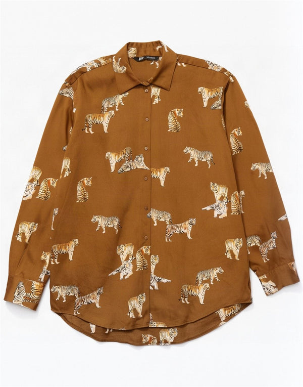 Zara Mujer Blusa Camisa Extragrande UK 10 Small Beige Animal Print Poliéster
