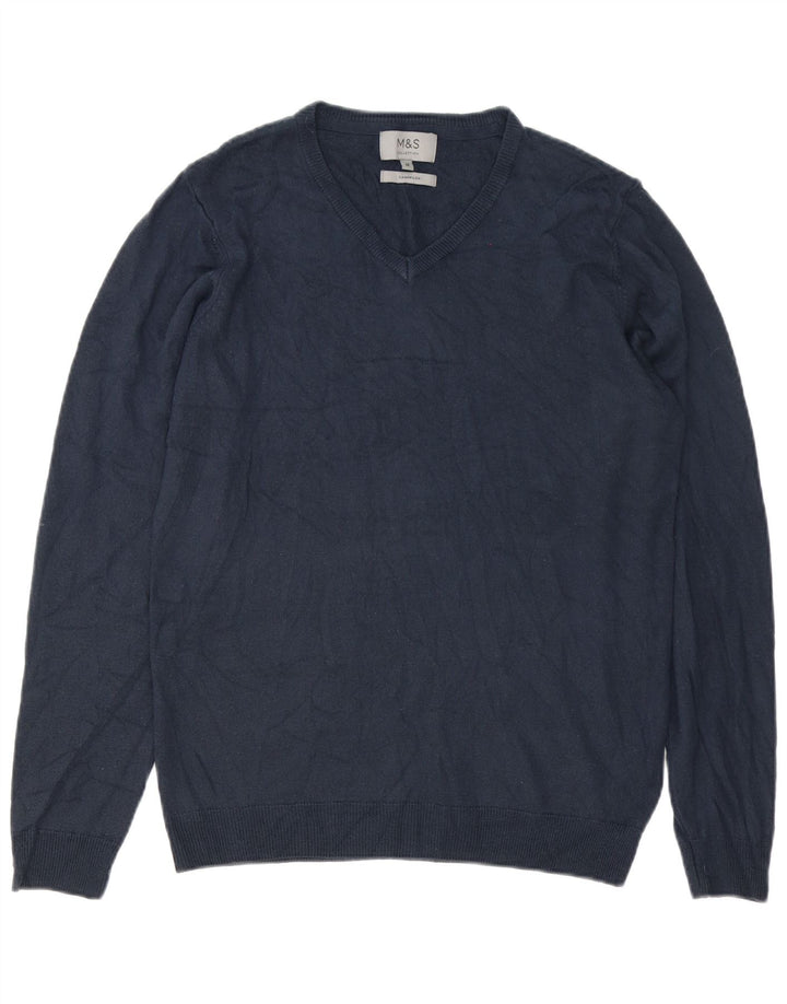 Marks & Spencer Jersey con cuello en V para hombre de cachemira azul marino mediano