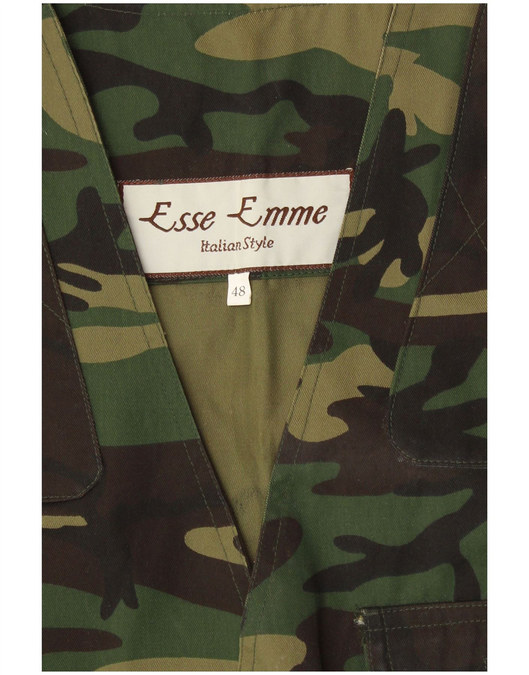 Vintage hombres utilitario gilet IT 48 ejército de poliéster de camuflaje verde medio