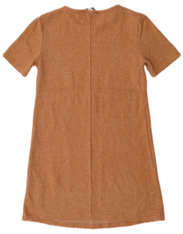 Zara Vestido recto de manga corta para mujer UK 42 Algodón beige medio