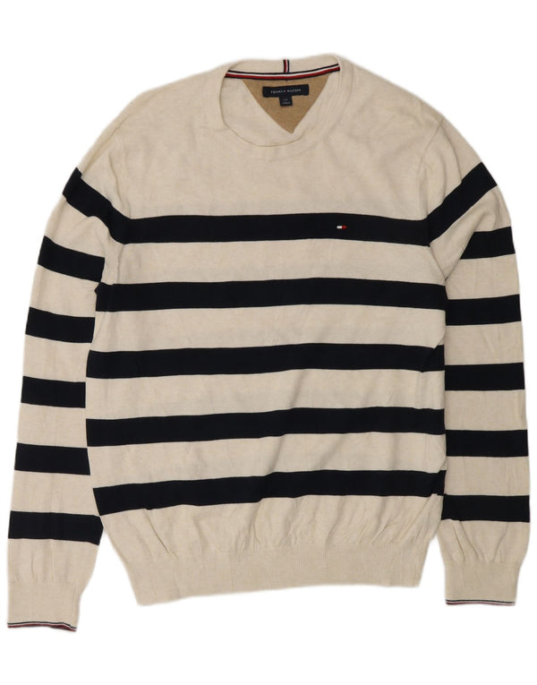 TOMMY HILFIGER Suéter tipo jersey con cuello redondo para hombre, tamaño grande, color blanco roto, a rayas