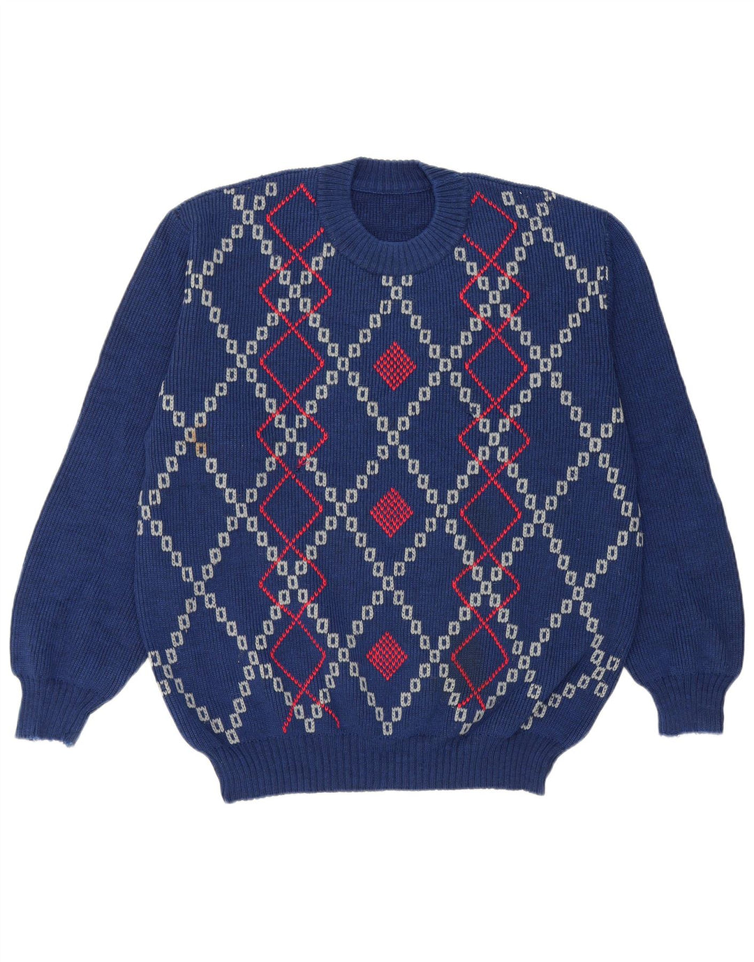 Vintage hombres cuello redondo jersey suéter grande azul Argyle/Diamante