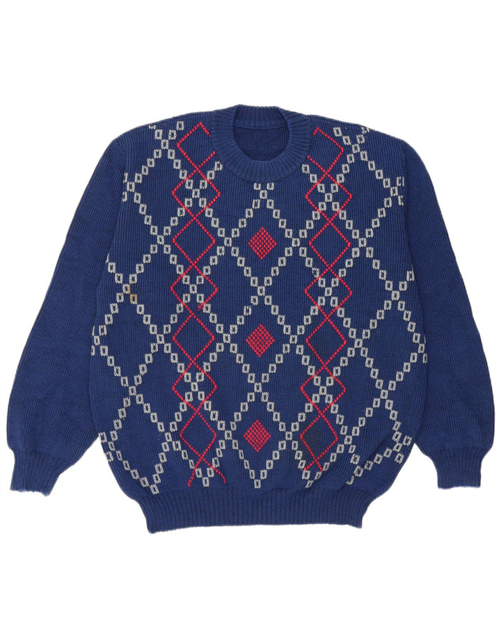 Vintage hombres cuello redondo jersey suéter grande azul Argyle/Diamante