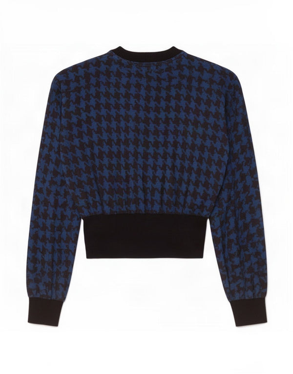 Vintage mujer manga larga blusa Top Reino Unido 12 azul medio Houndstooth algodón