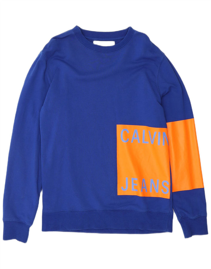 CALVIN KLEIN JEANS Mens Graphic Sweatshirt Jumper Medium Blue Colourblock