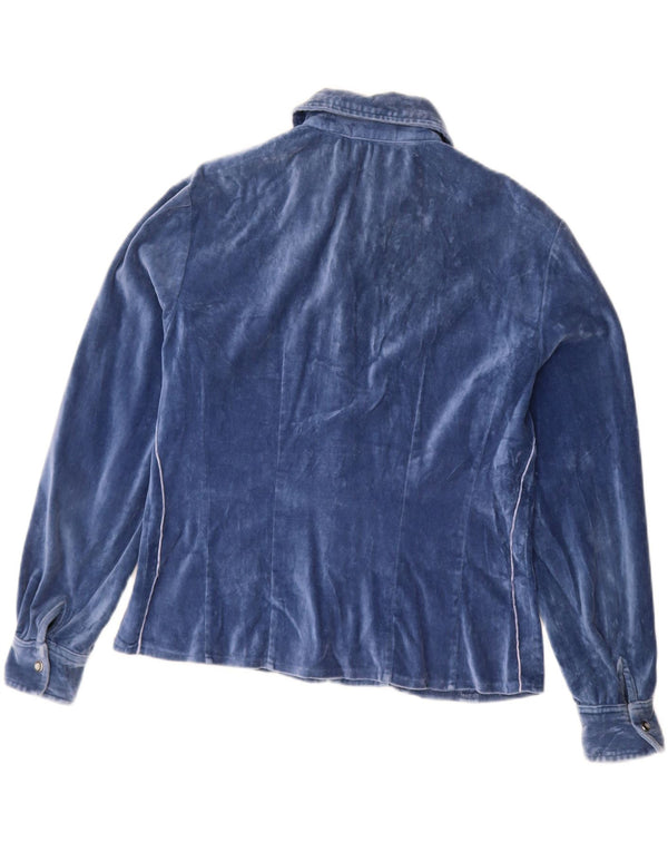 VINTAGE Camisa de terciopelo para mujer Reino Unido 14 Azul medio