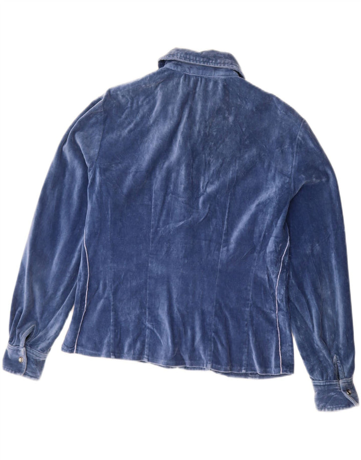 VINTAGE Camisa de terciopelo para mujer Reino Unido 14 Azul medio