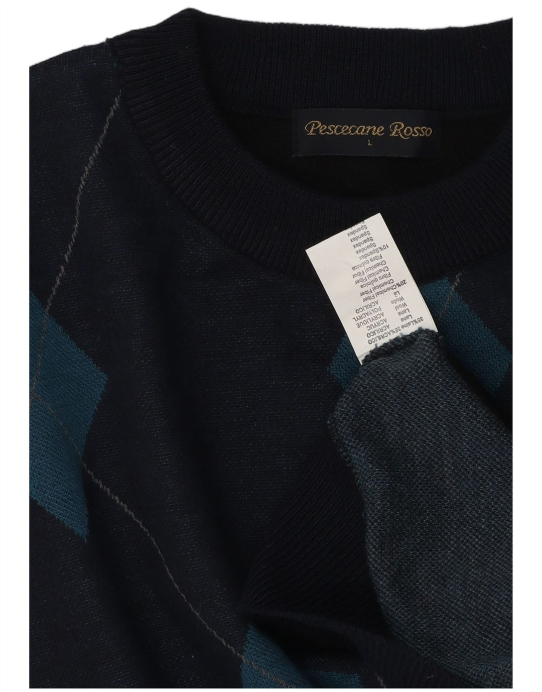 Vintage hombres cuello redondo jersey suéter grande azul marino Argyle/lana de diamante