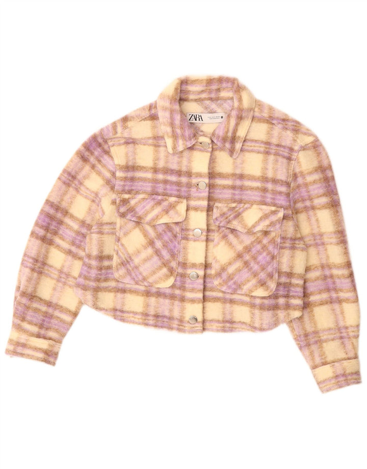 ZARA Chaqueta bomber corta extragrande para mujer UK 10 Small Beige Check Poliéster