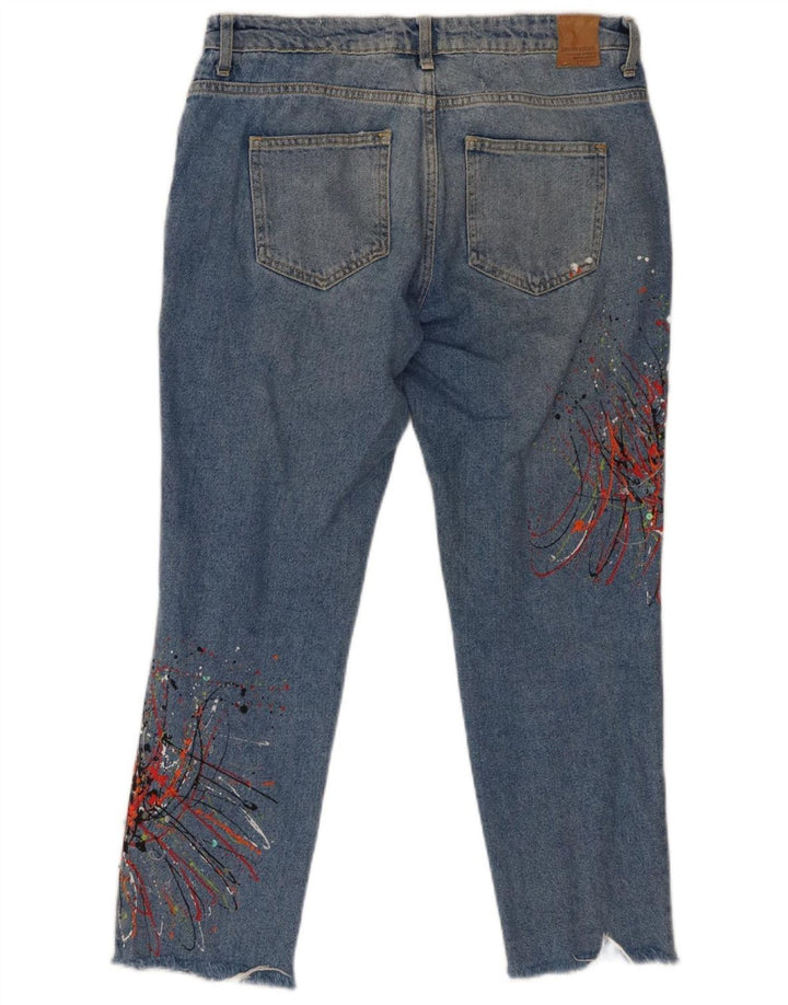 Zara Jeans Cortos Gráficos para Mujer EU 40 Medium W30 L26 Algodón Manchado Azul
