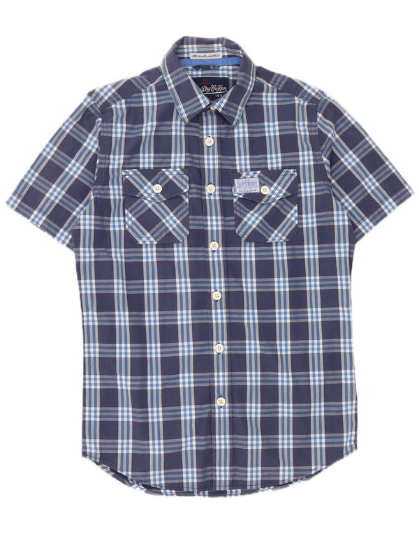 SUPERDRY Hombre Camisa de Manga Corta Small Azul Marino Cuadros Algodón