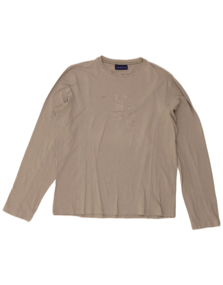 Trussardi Jeans Mujer Camiseta Gráfica Manga Larga UK 44 Algodón Gris Medio
