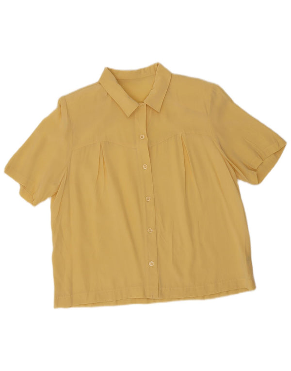 Vintage mujer camisa de manga corta blusa Reino Unido 14 seda amarilla grande