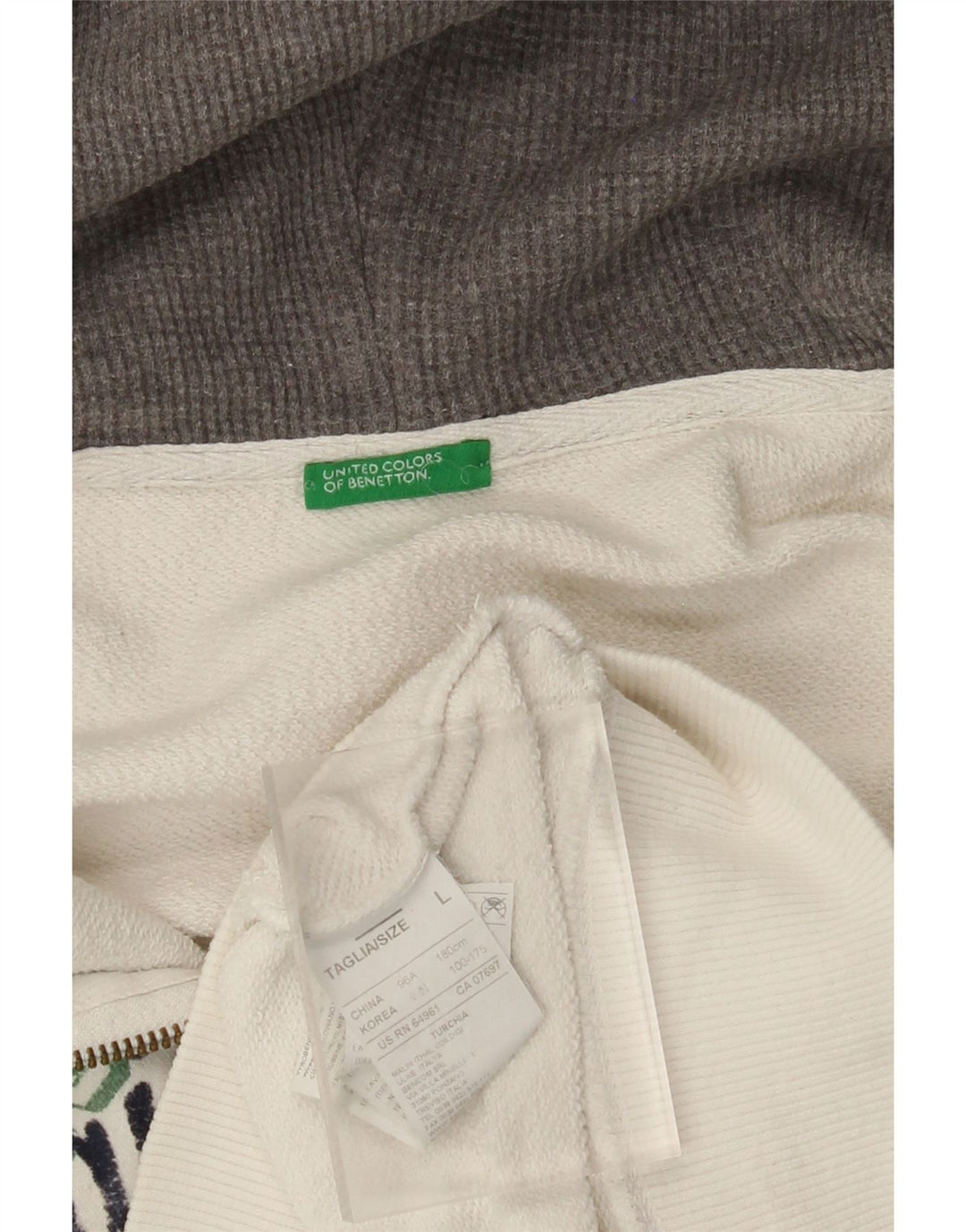 BENETTON Suéter con capucha y cremallera gráfica para mujer UK 46 Large White Cotton