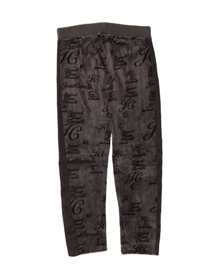 JUST CAVALLI Womens Graphic Tracksuit Trousers UK 12 Medium Grey Cotton Vintage Just Cavalli and Second-Hand Just Cavalli from Messina Hembry 