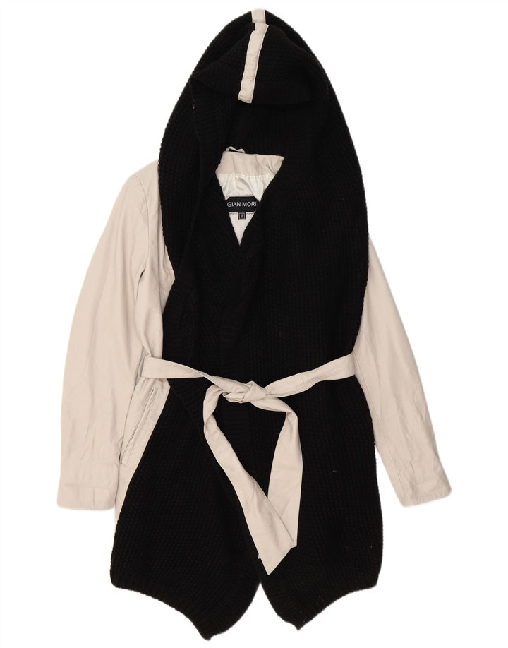 GIAN MORI Abrigo con capucha para mujer Reino Unido 44 Medio Color blanco roto Cuero con bloques de color