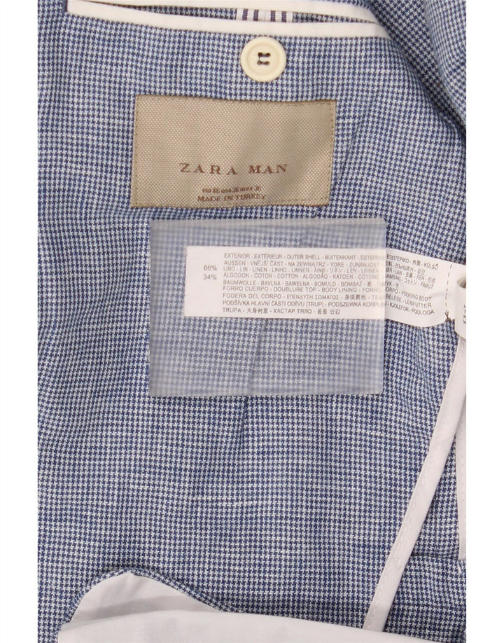 Zara Chaqueta tipo blazer de 2 botones para hombre EU 46 Small Blue Houndstooth Linen