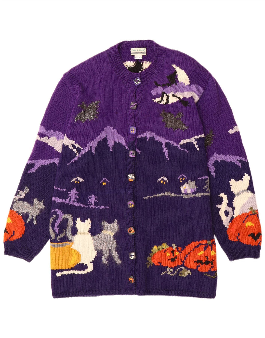 VINTAGE suéter de cárdigan gráfico para mujer Reino Unido 20 2XL lana de color púrpura