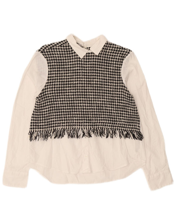 Zara Blusa extragrande de manga larga para mujer UK 6 XS White Houndstooth