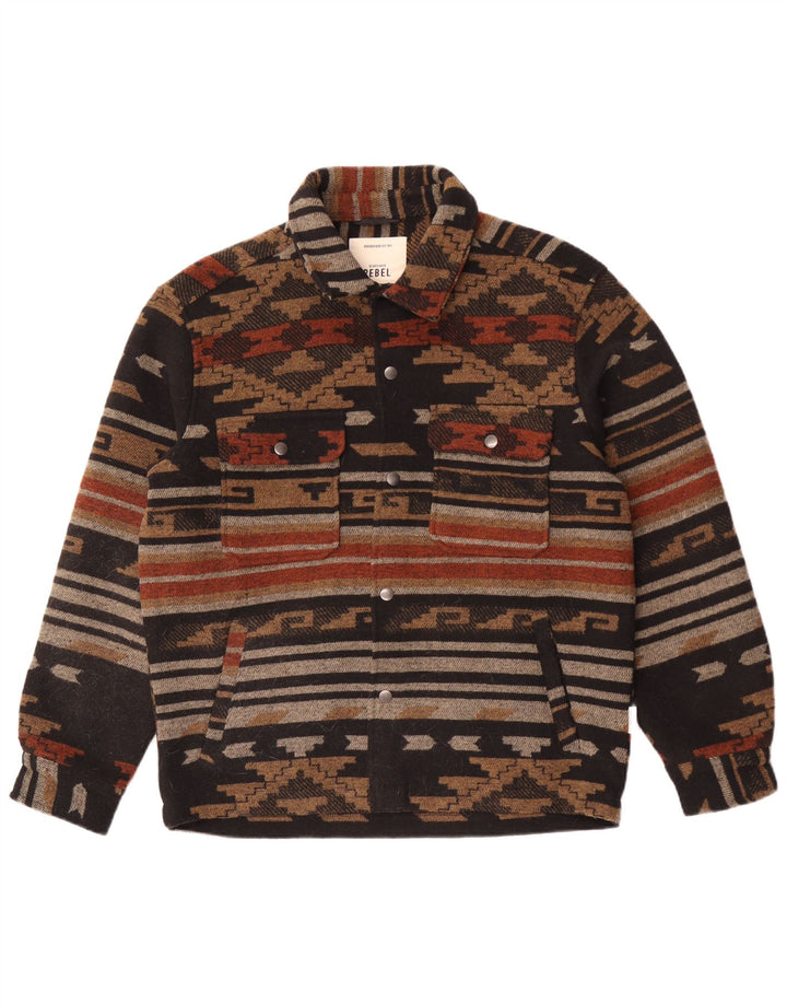 Vintage hombres bomber chaqueta Reino Unido 38 marrón medio poliéster geométrico