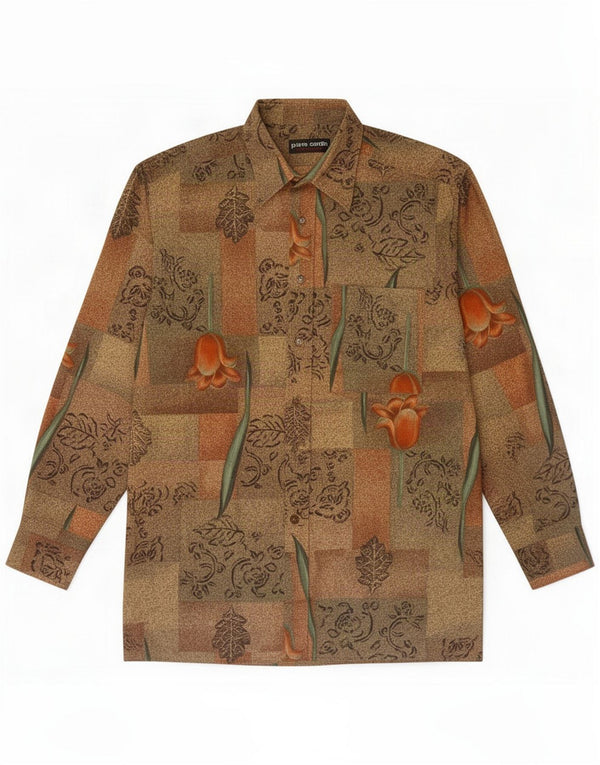 Pierre Cardin Camisa para hombre Algodón floral marrón medio