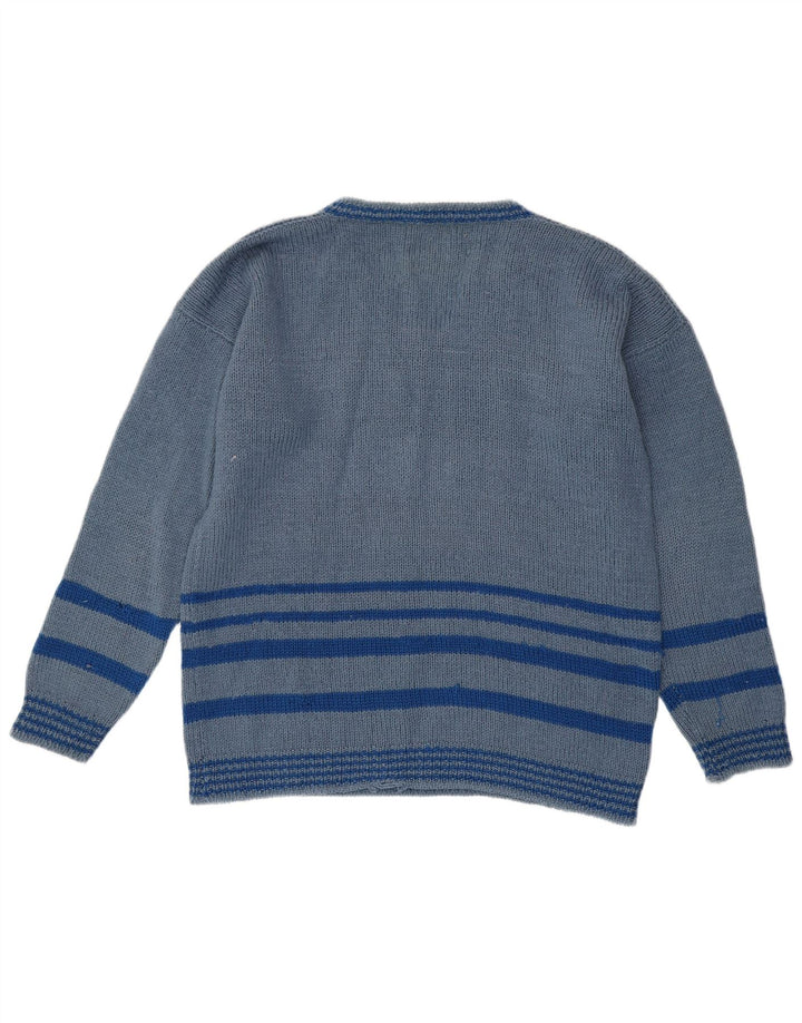 VINTAGE Hombres V-Cuello Jumper Suéter Grande Azul Rayas
