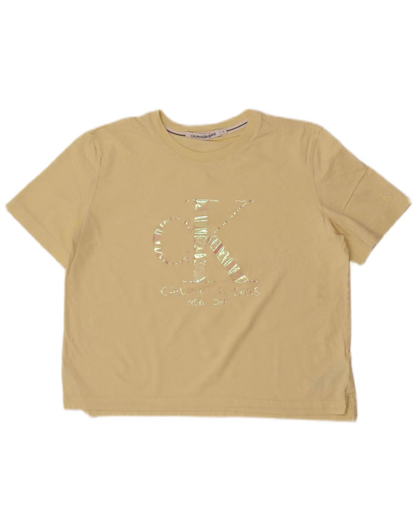 Calvin Klein Jeans Mujer Crop Graphic Camiseta Top UK 18 XL Algodón Amarillo