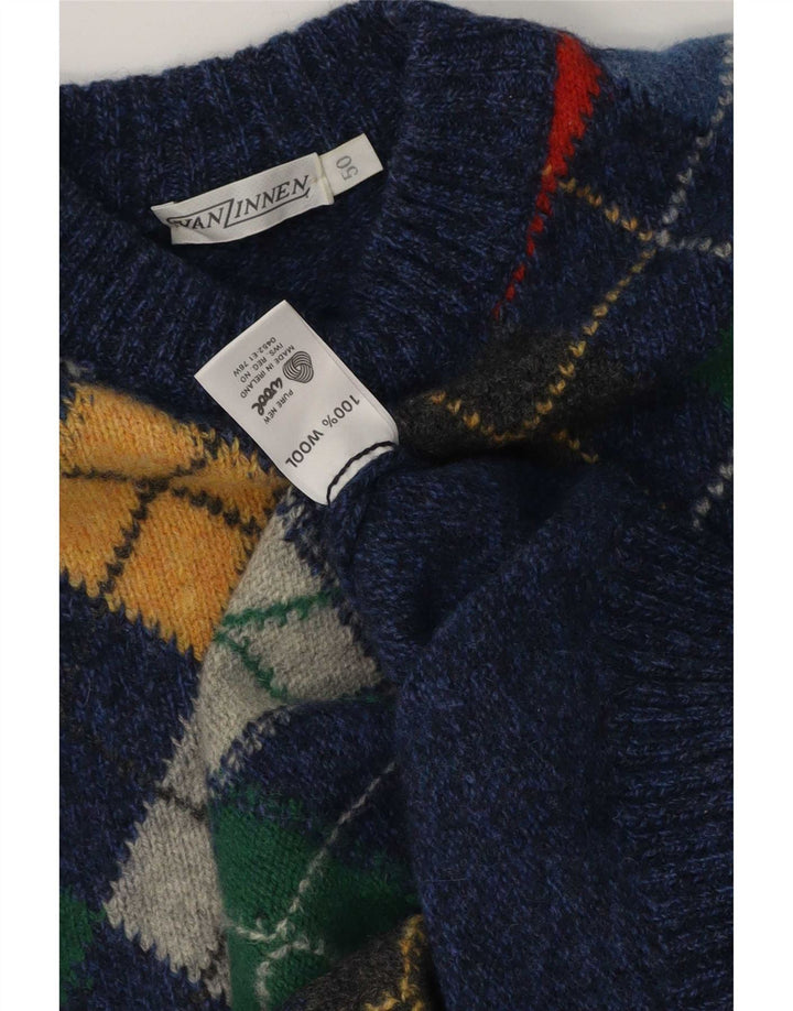 Vintage hombres cuello redondo jersey suéter IT 50 azul medio Argyle/lana de diamante