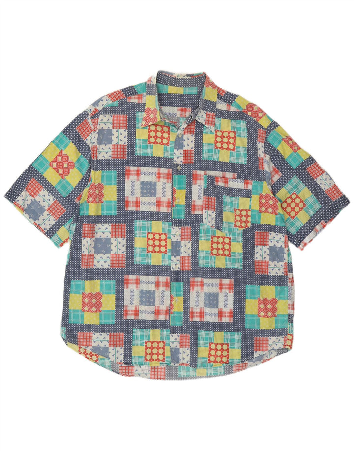 VINTAGE Camisa de manga corta para hombre XL Algodón patchwork multicolor