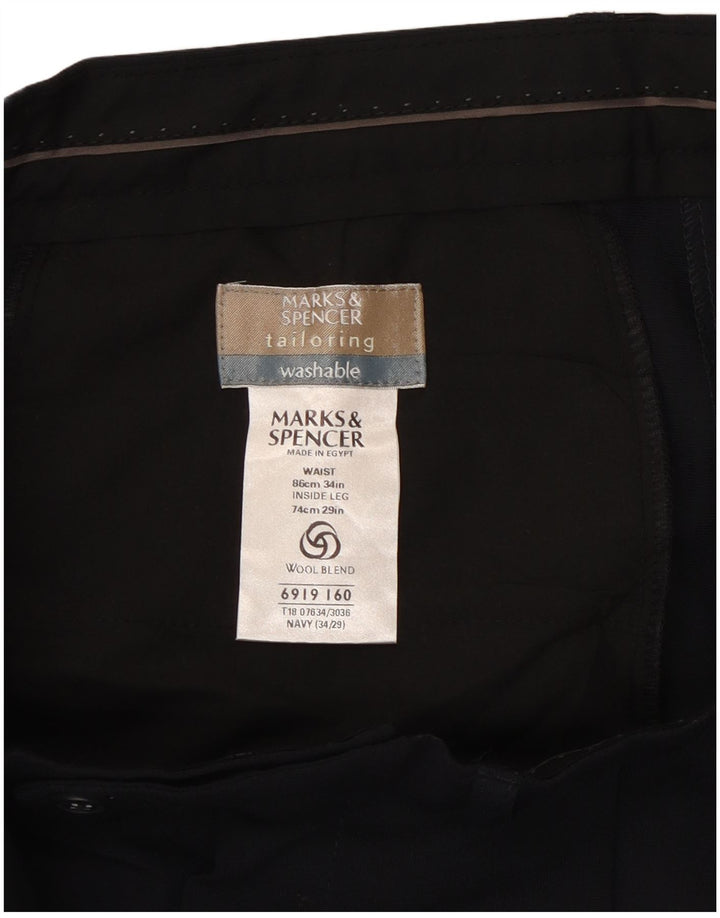 Marks & Spencer Pantalón de traje con pinzas para hombre W34 L29 Poliéster azul marino