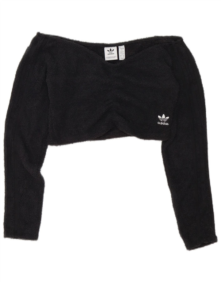 Adidas Top corto de forro polar con hombros descubiertos para mujer UK 12 Mediano Negro Poliéster