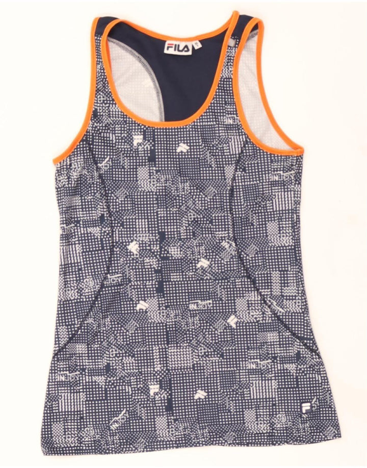 FILA Womens Vest Top UK 8 Small Navy Blue Spotted Polyester Vintage Fila and Second-Hand Fila from Messina Hembry 