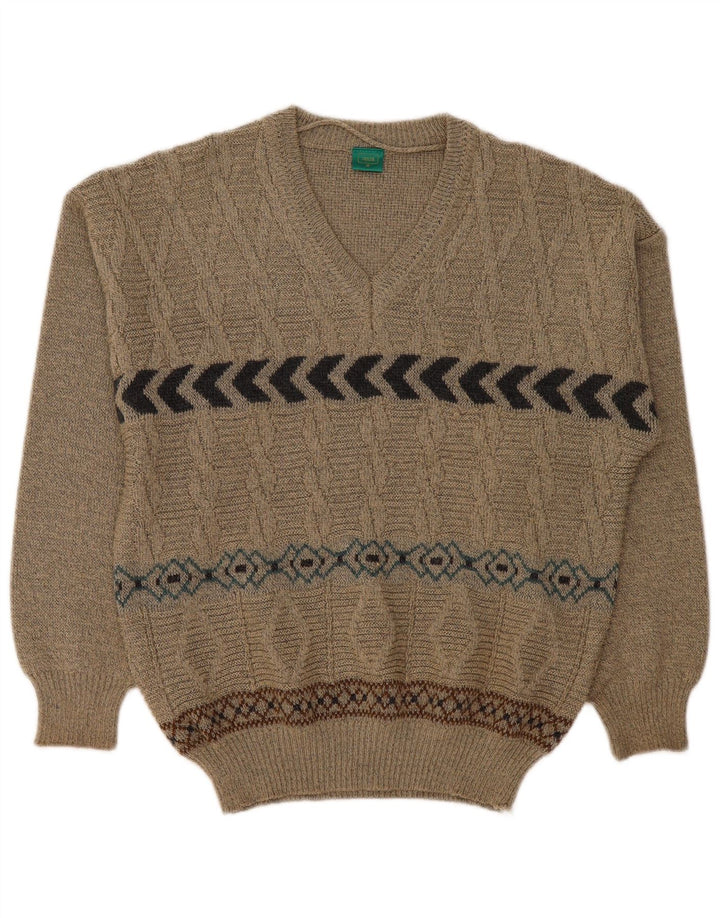 CANDA Suéter con Cuello en V para Hombre Acrílico Geométrico Beige Medio