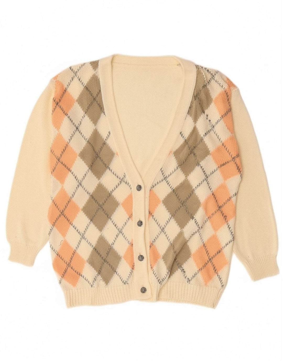 Vintage mujer Cardigan suéter Reino Unido 18 XL Off White Argyle/Diamond