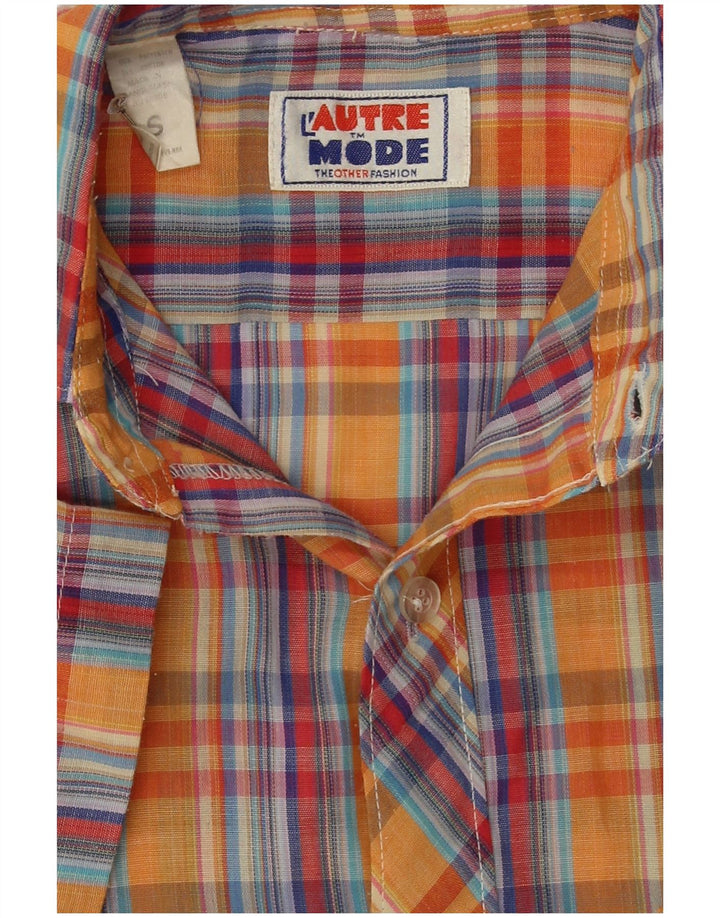 Camisa vintage de manga corta para hombre, poliéster a cuadros naranja pequeño