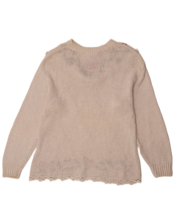 Suéter vintage con cuello redondo para mujer UK 44 Ramio floral blanco mediano