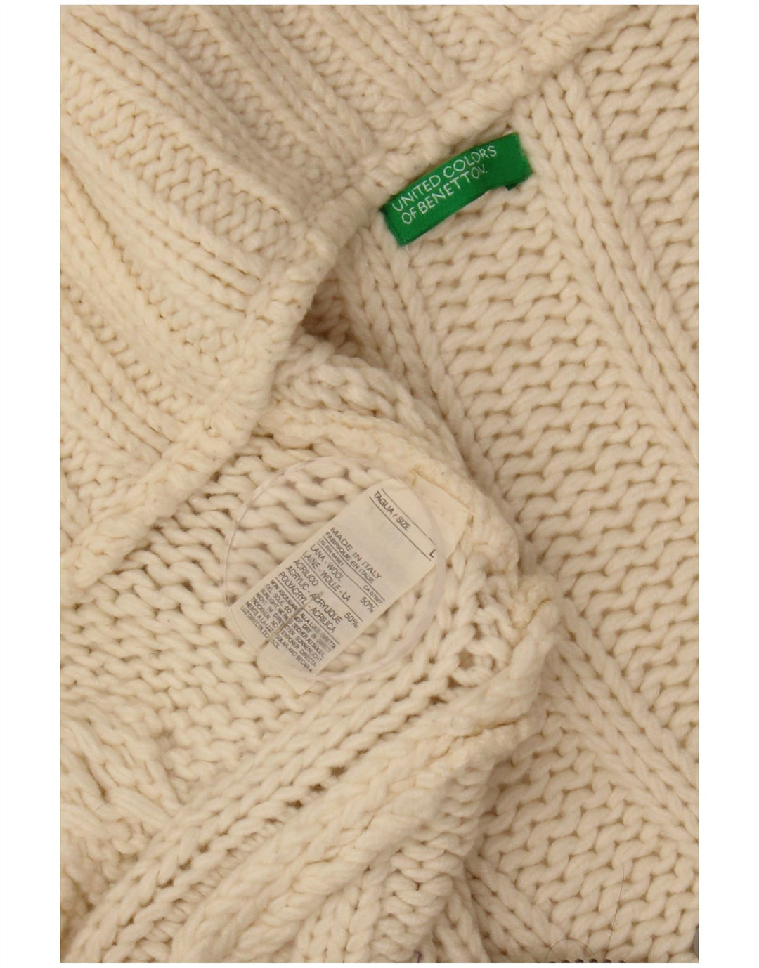 Benetton Cárdigan De Mujer UK 44 Grande De Lana Blanco Roto