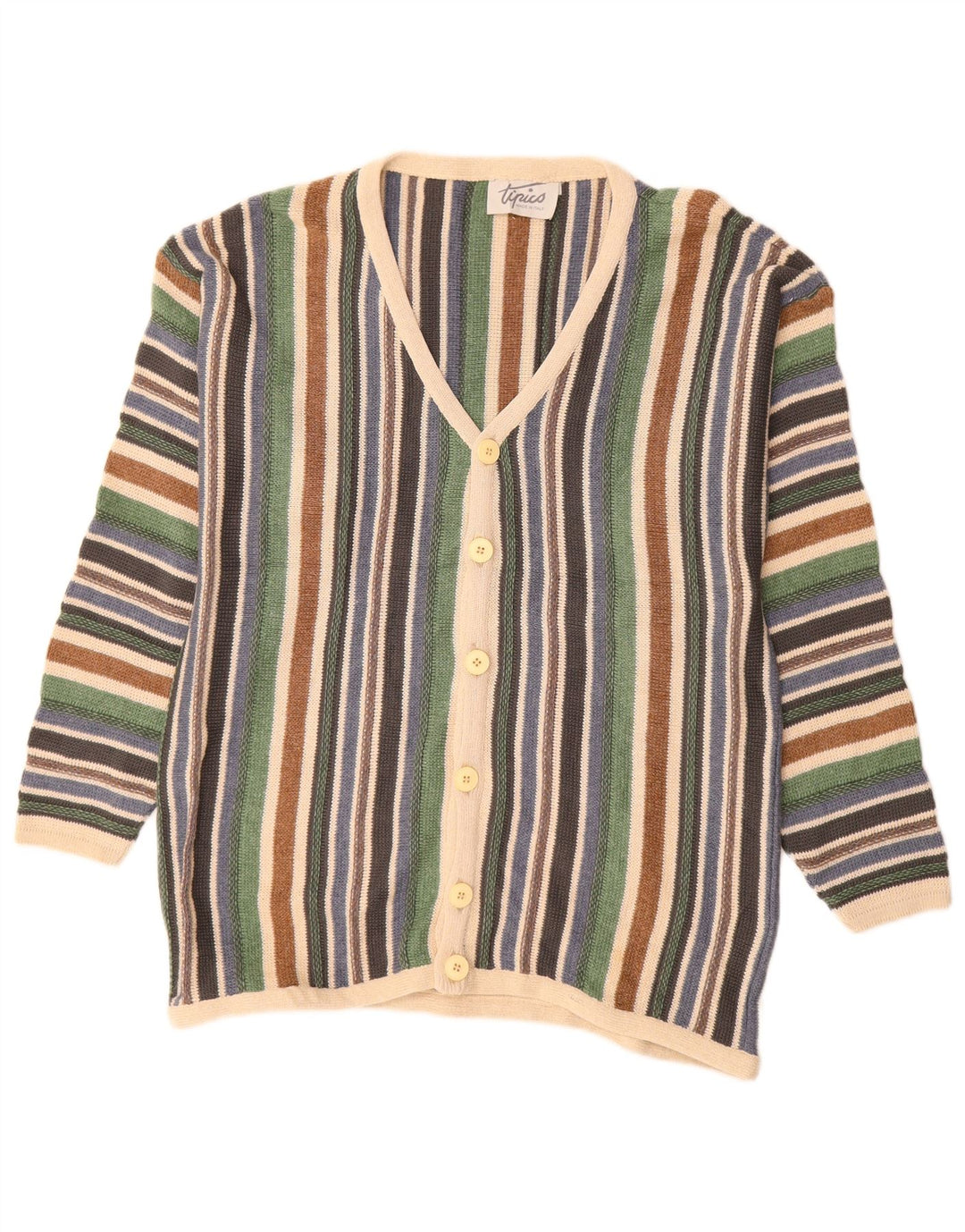 Vintage hombres Cardigan suéter grande multicolor rayas algodón