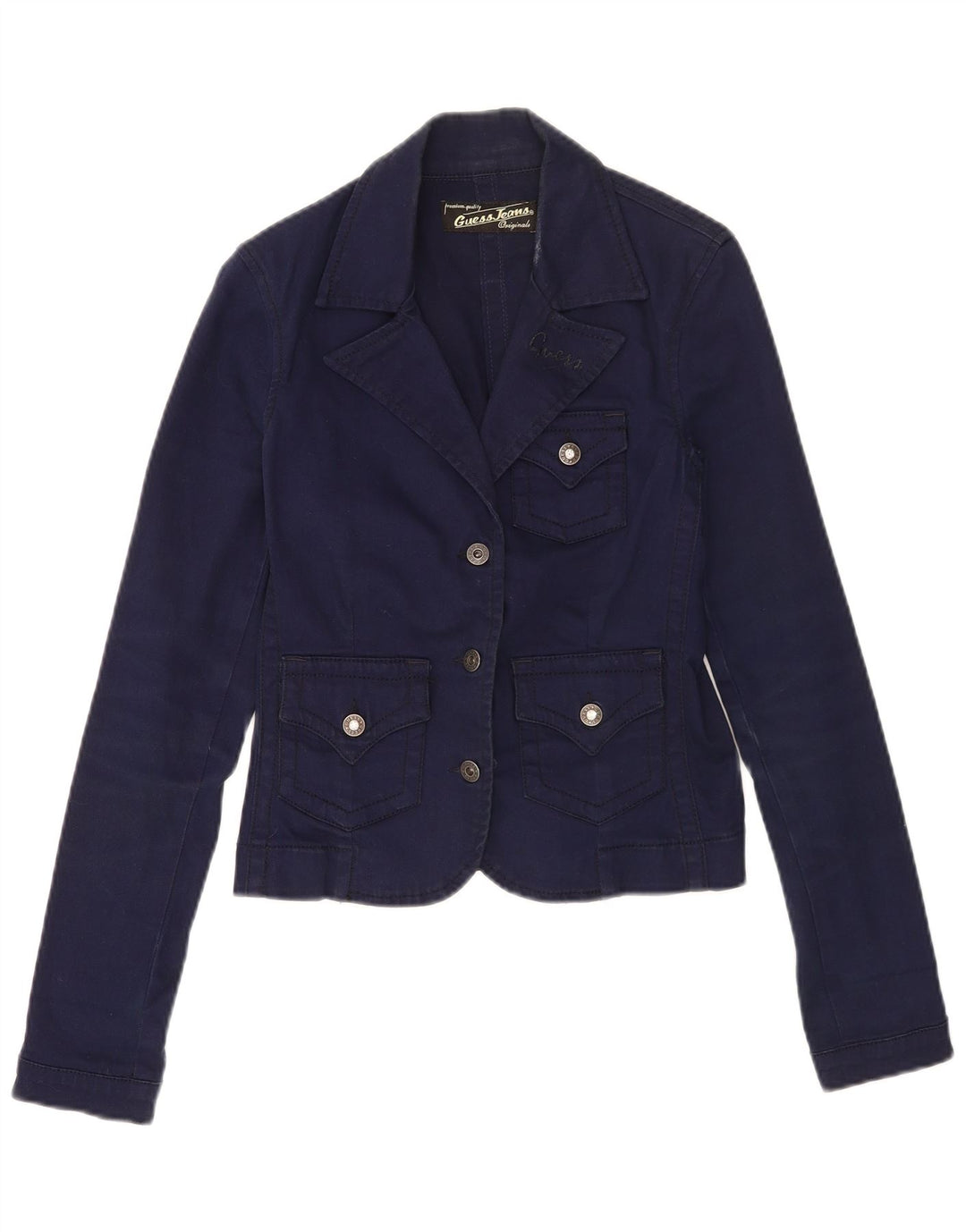 Guess Chaqueta Blazer de 3 Botones para Mujer UK 10 Small Azul Marino Algodón
