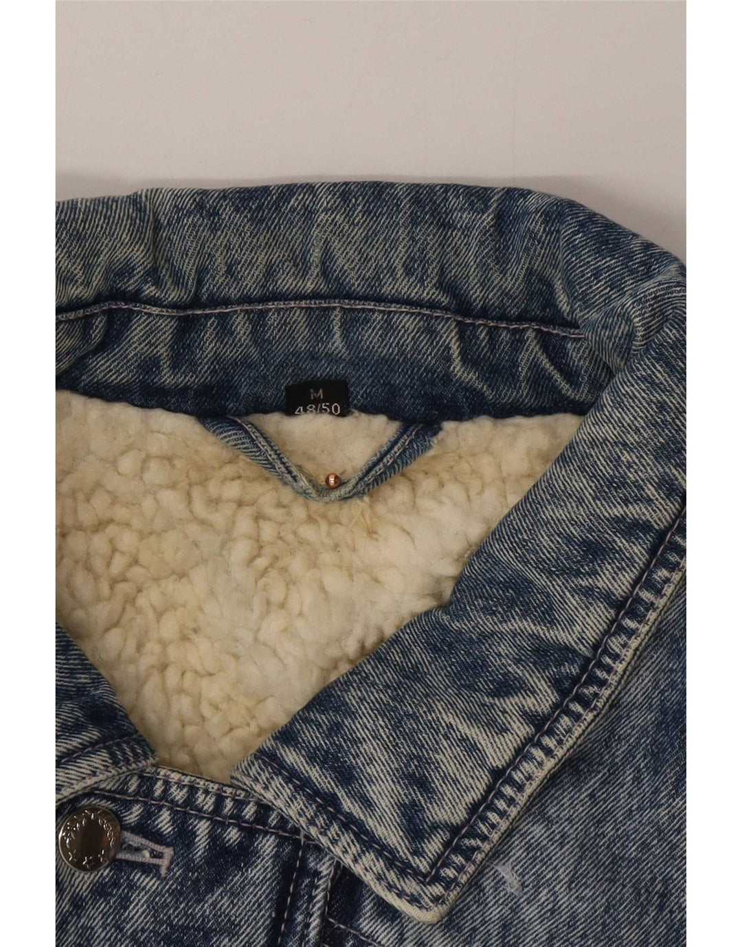 Vintage Hombre Sherpa Denim Chaqueta IT 48/50 Azul Medio Colorblock Algodón