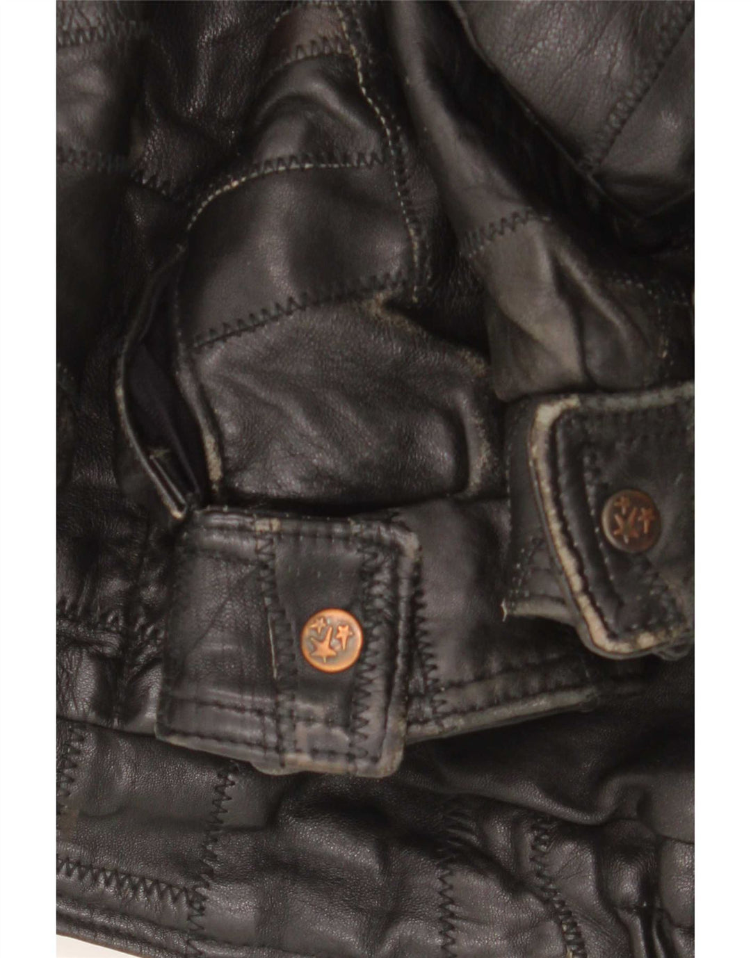 Vintage hombres chaqueta de cuero gráfico Reino Unido 40 gran patchwork negro