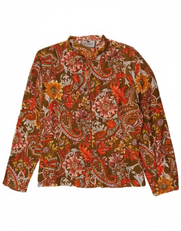 Vintage mujer gráfica camisa de manga larga Reino Unido 12 medio caqui floral retro