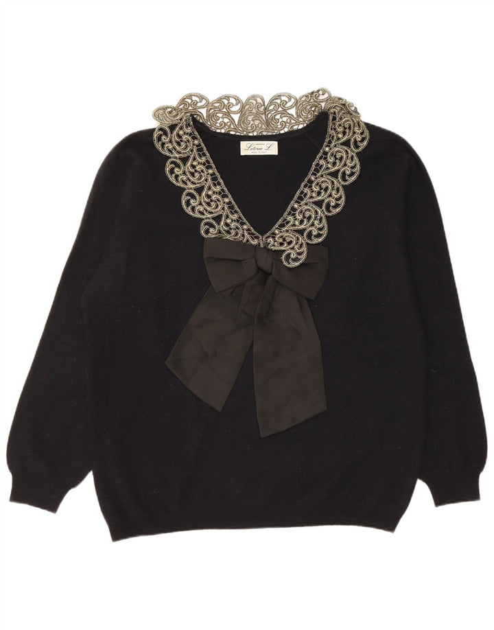LETIZIA L. Suéter tipo jersey con cuello en V para mujer UK 46 Large Black Paisley Wool