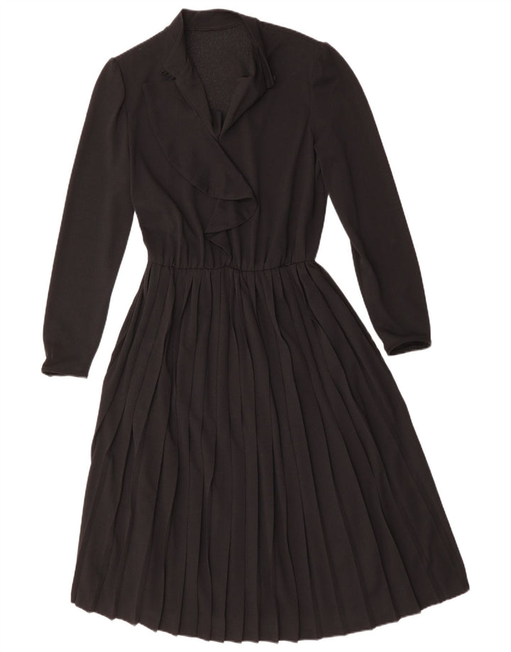 Vintage mujer manga larga A-Line vestido Reino Unido 12 medio negro