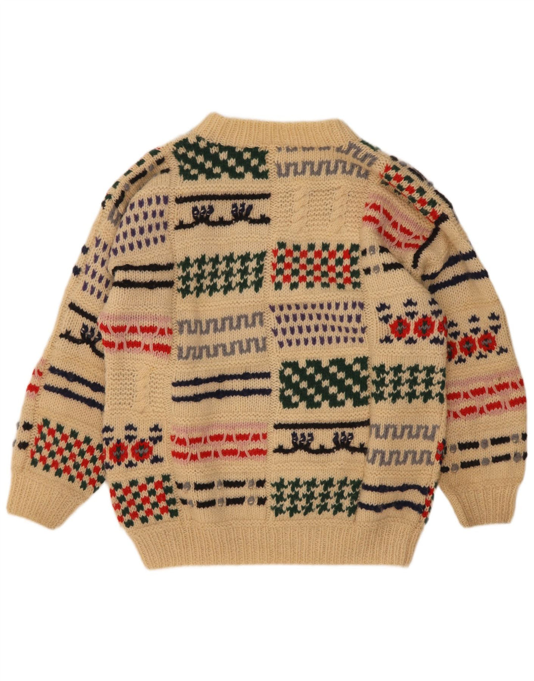 Vintage hombres cuello redondo jersey suéter medio beige patchwork lana